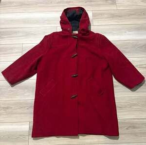 Vintage LL Bean Red Wool Duffle Toggle Coat Plaid Lined Hooded Made in USA
